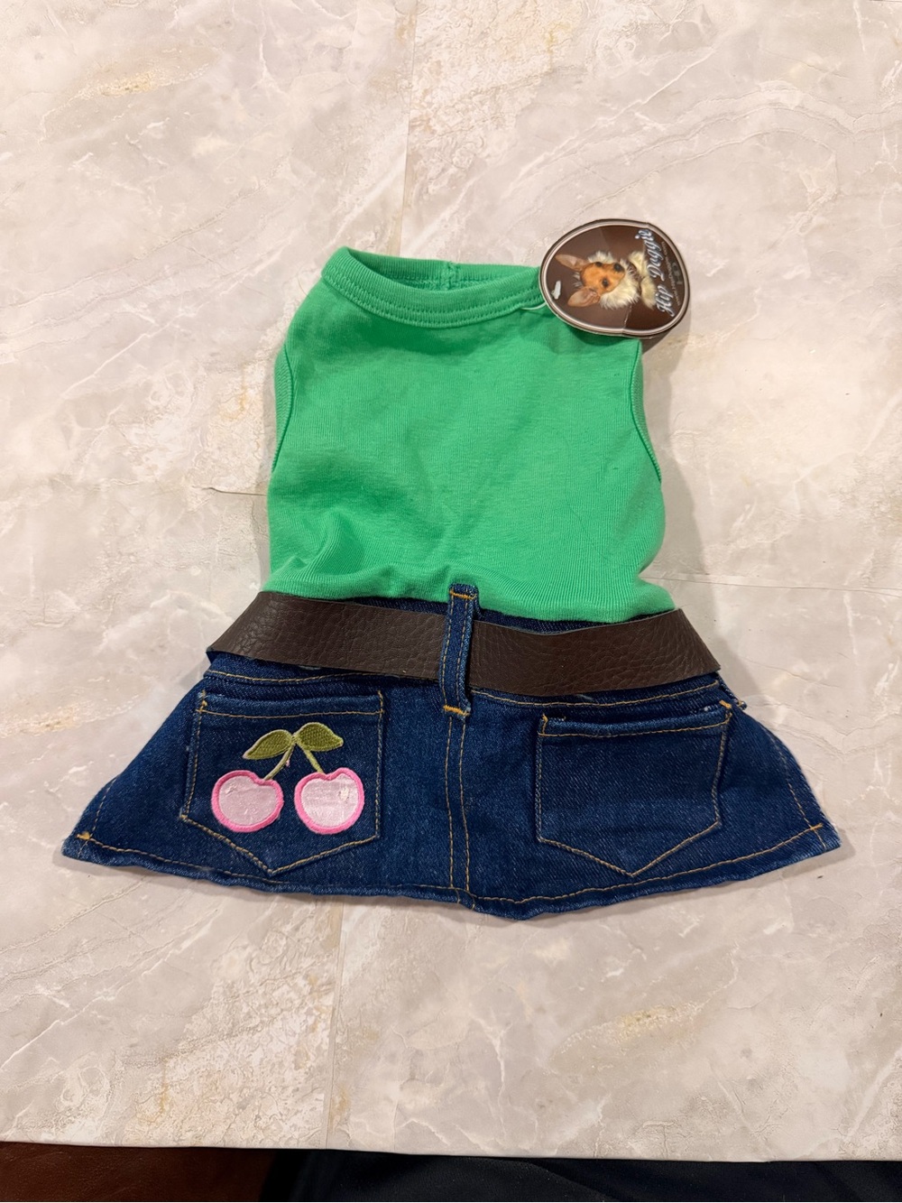 Green Cherry Denim Skirt Dog Dress - Cute Pet Outfit